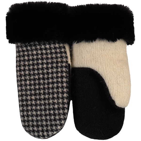 Black/Cream Houndstooth Wool with Fur Cuffs