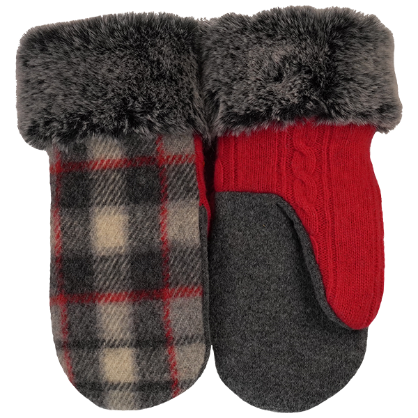 Gray, Cream, and Red Plaid Wool with Fur Cuffs