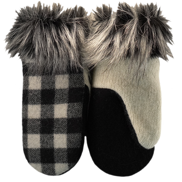 Black and White Buffalo Plaid Wool with Fur Cuffs