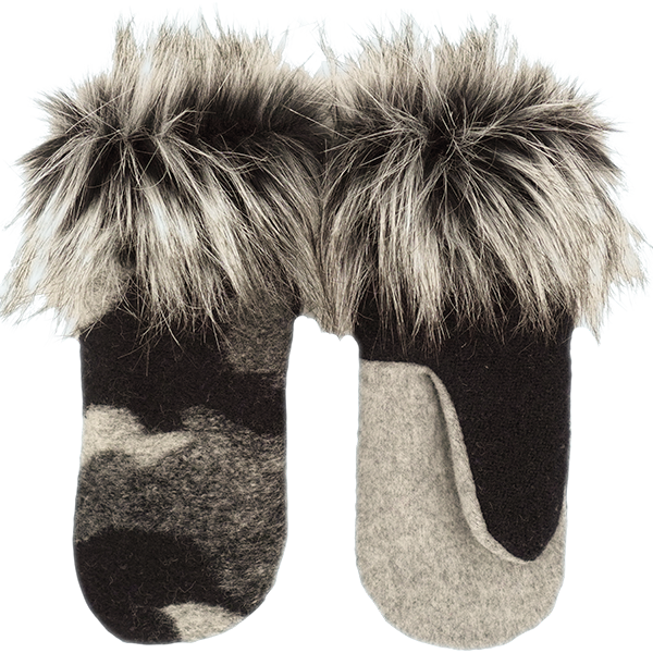Black and Gray Camo Wool Mitts with Fur Cuffing