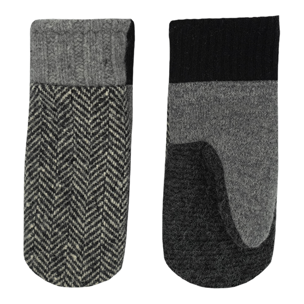 Gray and Black Herringbone Patterned Wool Mitts