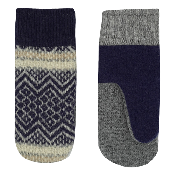 Cream and Navy Blue Patterned Wool Mitts