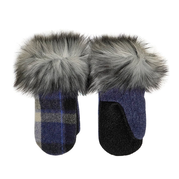 Blue / Gray / Black Wool Mitt With Fur Cuffs