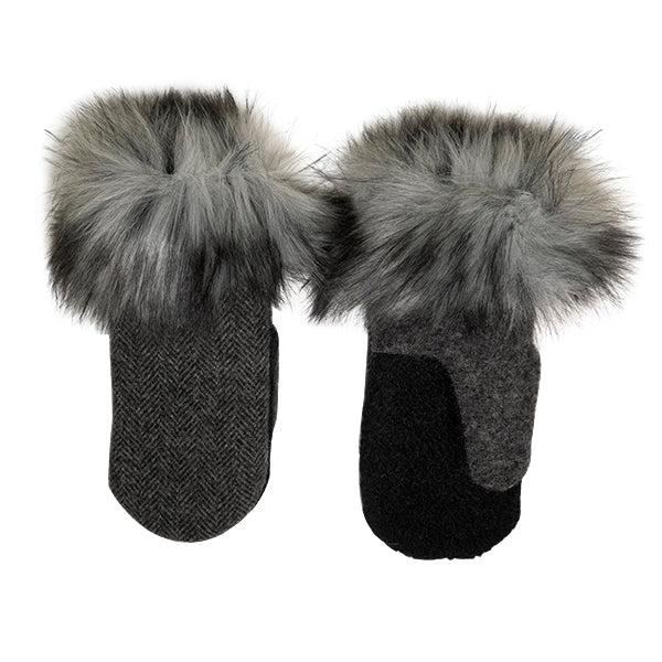 Gray / Black Herringbone Wool Mitt With Fur Cuffs