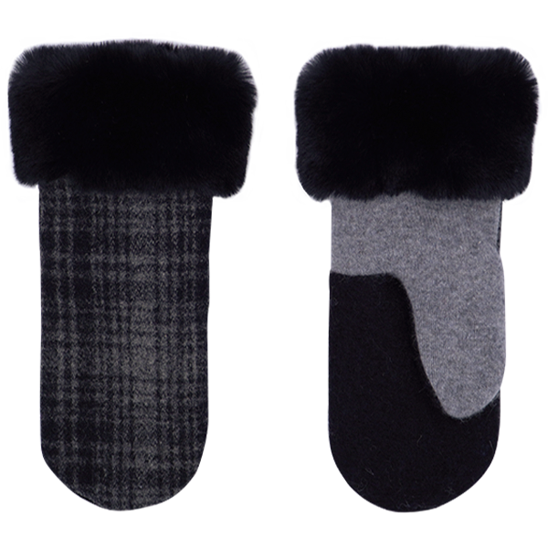 Gray and Black Plaid Mitts with Fur Cuffs